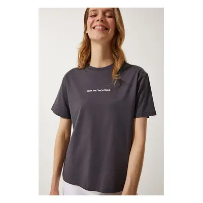 Happiness İstanbul Women's Anthracite Printed Basic Knitted T-Shirt