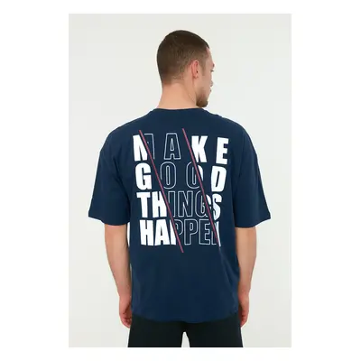 Trendyol Navy Blue Oversize Text nyomtatott 100% pamut póló