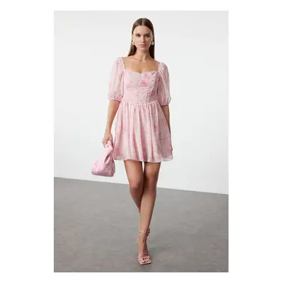 Trendyol Pink Floral Patterned Mini Woven Dress with Corset Detailed Skirt Opening at the Waist