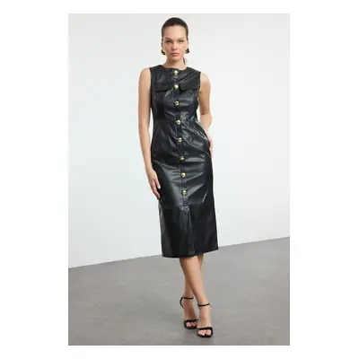 Trendyol Black Fitted Faux Leather Button Detailed Midi Woven Dress