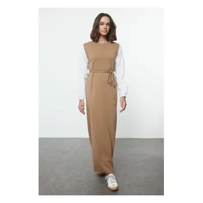 Trendyol Beige Sleeves Woven Piece Detailed Waist Tied Knitwear Dress