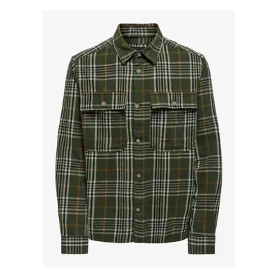 Beige-Green Mens Plaid Flannel Shirt ONLY & SONS Scott - Men