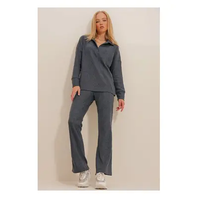 Trend Alaçatı Stili Women's Anthracite Polo Top and Palazzo Pants Knitwear Bottom and Top Set