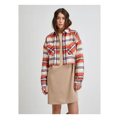 Orange-Beige Checkered Cropped Shirt Noisy May Flanny - Women