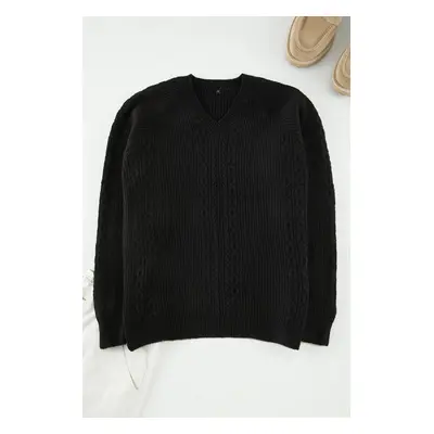 Trendyol Black Oversize V Neck Hair Knit Sweater