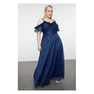 Trendyol Curve Navy Blue Straped A-Line/A-Line Lace Long Evening Dress/Graduation/Engagement/Eve