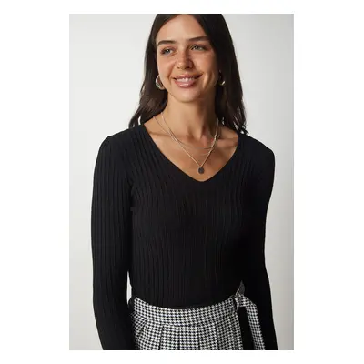 Happiness İstanbul Women's Black V-Neck Basic Ribbed Basic Blouse