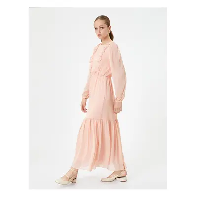 Koton Ruffle Chiffon Long Dress Balloon Sleeve Crew Neck