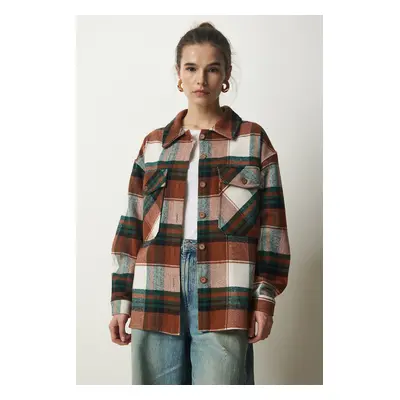 Happiness İstanbul Women's Brown Green Lumberjack Stamp Shirt Jacket