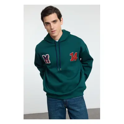 Trendyol Emerald Green Oversize/Wide Cut Letter Patch and Embroidery Detailed Hooded Sweatshirt