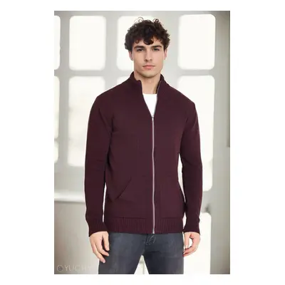 83582 Dewberry Zippered Knitwear Mens Cardigan with Pocket-BORDO