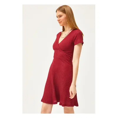 Olalook Women's Burgundy Double Breasted Collar Short Sleeve Mini Flared Dress