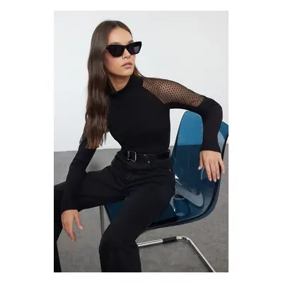 Trendyol Black Tulle Garni Detailed Fitted Flexible Knitted Blouse