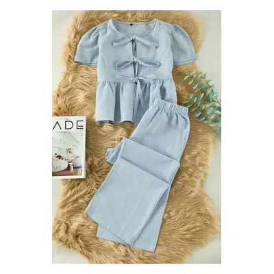 Trendyol Blue 100% Cotton Tie Detail Woven Pajama Set