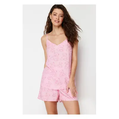 Trendyol Pink Teddy Bear Rope Suspender Viscose Woven Pajama Set