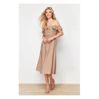 Trendyol Mink Straight Cut Madonna Collar Linen Look Maxi Woven Dress