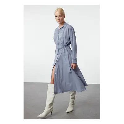 Trendyol Blue Belted Striped Midi Woven Shirt Dress