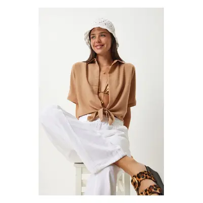 Happiness İstanbul Women's Biscuit Tie Detailed Linen Blouse