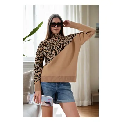 90315 Dewberry Half Turtleneck Leopard Womens Sweater-CAMEL