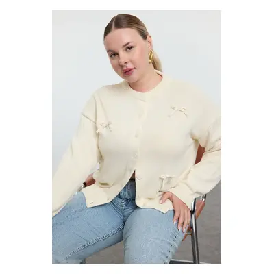 Trendyol Curve Ecru Bow Detailed Crew Neck Knitwear Cardigan