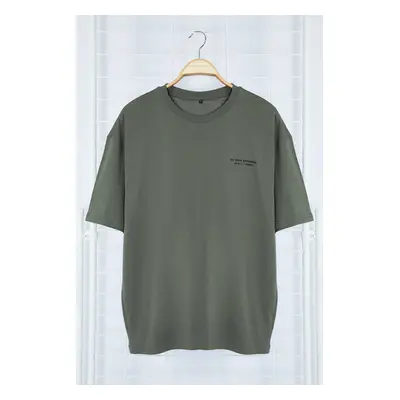 Trendyol Khaki Oversize/Wide Cut Text Printed Short Sleeve 100% Cotton T-Shirt