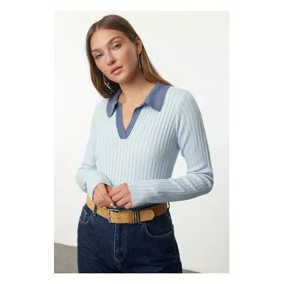 Trendyol Blue Polo Neck Color Block Knit Sweater