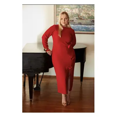 Trendyol Curve Red Boat Neck Maxi Slit Rose Woven Plus Size Dress