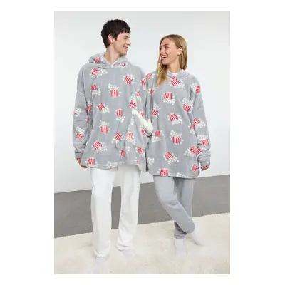 Trendyol Unisex Couple/Pair Gray Printed Wellsoft Winter Knitted Dressing Gown