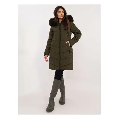 Khaki long winter jacket with stitching