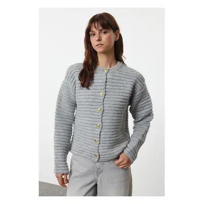 Trendyol Grey Textured Crew Neck Jacket-Looking Knitwear Cardigan