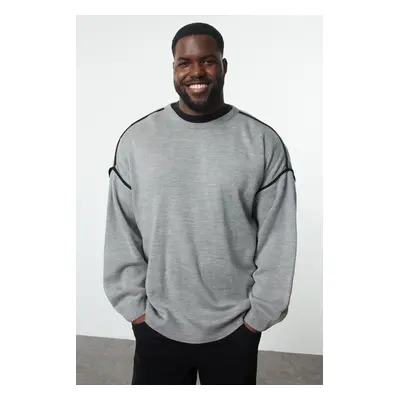 Trendyol Gray FL Men's Oversize Crew Neck Plain Knitwear Plus Size Sweater