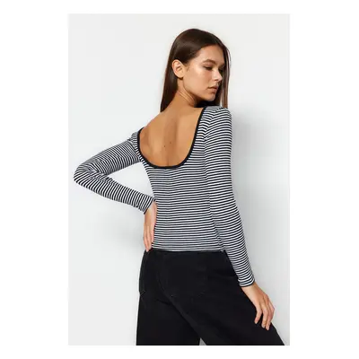 Trendyol Black And White Striped Decollete Fitted/Situated Ribbed Stretch Knit Blouse