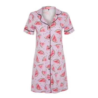 Trendyol Curve Pink Watermelon Patterned Shirt Collar Piping Knitted Nightgown