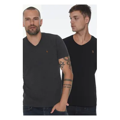 DOUBLE SET T8568 DEWBERRY V-NECK MEN'S T-SHIRT-BLACK-ANTHRACITE