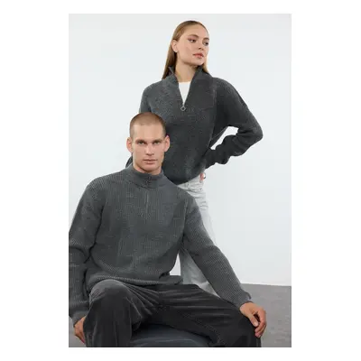 Trendyol Dark Gray Casual Regular Fit Couple/Double Half Turtleneck Zipper Collar Sweater