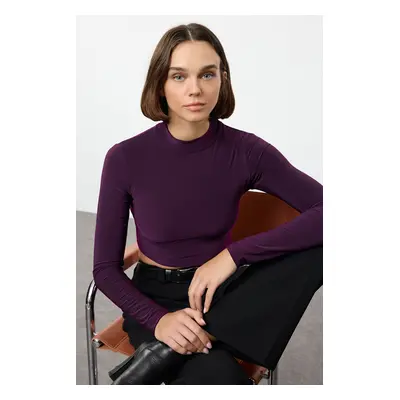 Trendyol Plum High Collar Backless Fitted Crop Stretchy Knitted Blouse