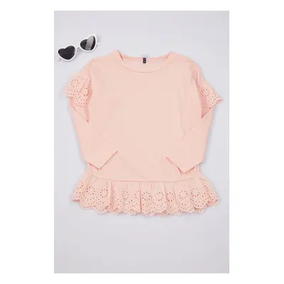 Trendyol Powder Girl Ruffle Detailed Crew Neck Cotton Knitted T-Shirt