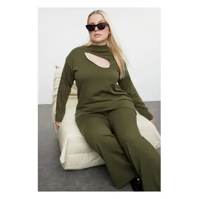 Trendyol Curve Khaki Knitwear Plus Size Bottom-Top Set