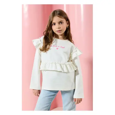 Trendyol Ecru Girl's Slogan Printed Ruffle Detailed Knitted Sweatshirt