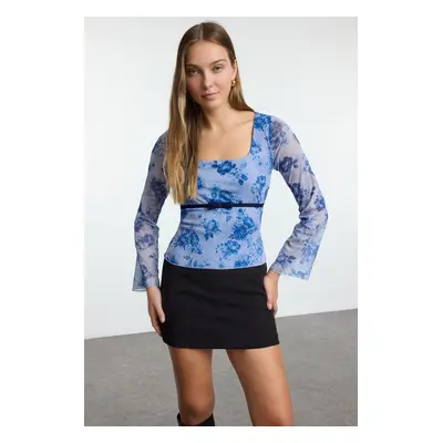 Trendyol Blue Floral Printed Tulle Bow Detailed Fitted Stretchy Knitted Blouse