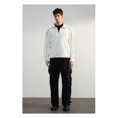 Trendyol White Oversize/Wide Cut Stand Collar Zippered Inside Polar Fleece Striped Sweatshirt