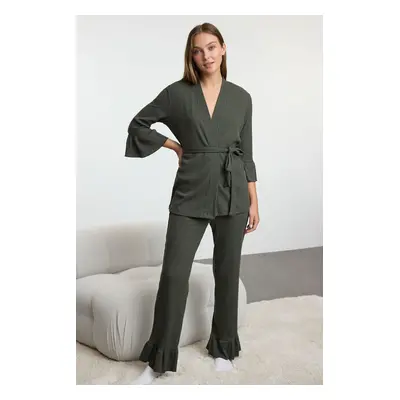 Trendyol Khaki Belted Ruffled Ribbed Knitted Pajama Set