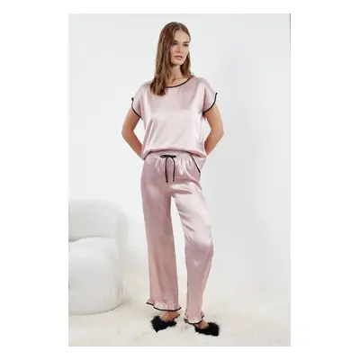 Trendyol Pink Ruffle, Tie and Piping Detailed Satin Woven Pajama Set