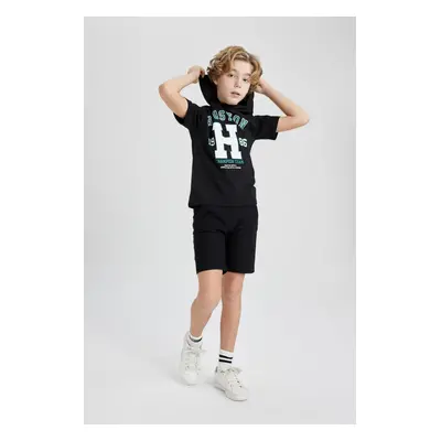 DEFACTO Boy's Printed Hooded Short Sleeve T-shirt Shorts 2-Piece Set