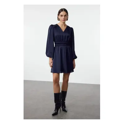 Trendyol Navy Blue A-Line V-Neck Satin Mini Woven Dress