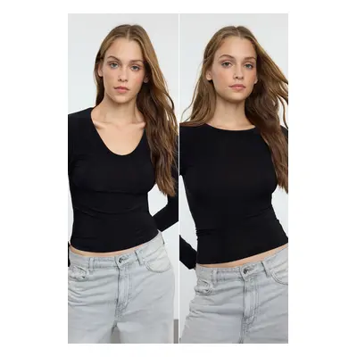 Trendyol Black Pack Crew and V Neck Fitted Flexible Knitted Blouse