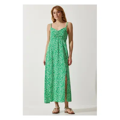 Happiness İstanbul Women's Green Strap Patterned Viscose Dress