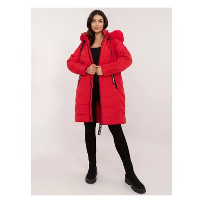 Red long winter jacket with stitching