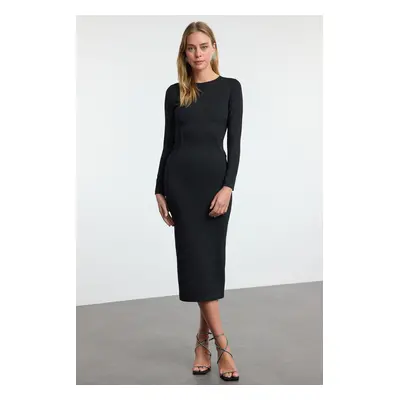 Trendyol Black Slimming Effect Piping Detailed Knitted Chic Midi Evening Dress