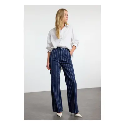 Trendyol Navy Blue Chain Striped High Waist Wide Leg Jeans